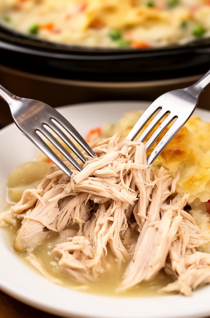 Close-up of two forks shredding a cooked chicken breast on a white plate, the meat pulling apart easily into long tender strands, juices glistening on the surface, the slow cooker with creamy vegetable filling visible in the soft blurred background, warm overhead lighting, focused tight on the shredding action showing the tender texture