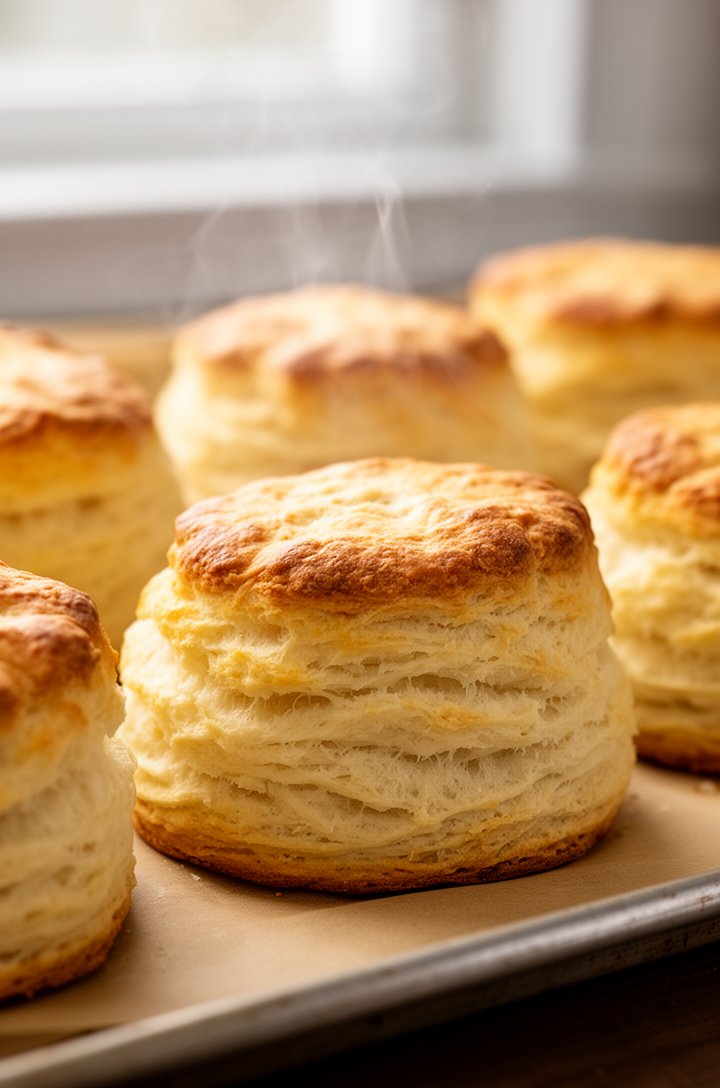 Row of golden-brown baked biscuits fresh from the oven on a parchment-lined baking sheet, tall and flaky with golden tops and lighter sides showing layered buttery texture, warm steam rising, shot from a 45-degree angle with soft natural side lighting, a light kitchen background blurred behind, inviting and fresh-from-the-oven feeling