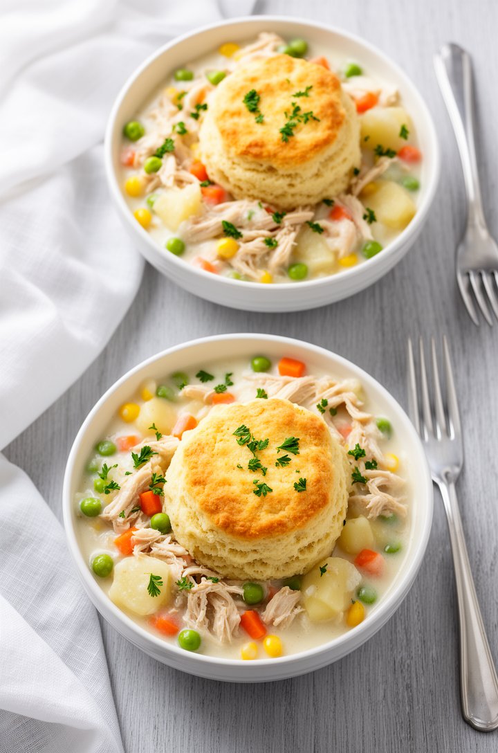 Final plated overhead photograph of two white ceramic bowls of crockpot chicken pot pie on a light gray wooden table, each bowl filled with thick creamy filling loaded with shredded chicken peas carrots corn and potatoes, a golden biscuit perched on top of each bowl, chopped parsley garnish scattered across, silver forks beside the bowls, a white linen napkin draped to one side, bright natural window lighting creating soft shadows, clean and inviting food blog hero composition