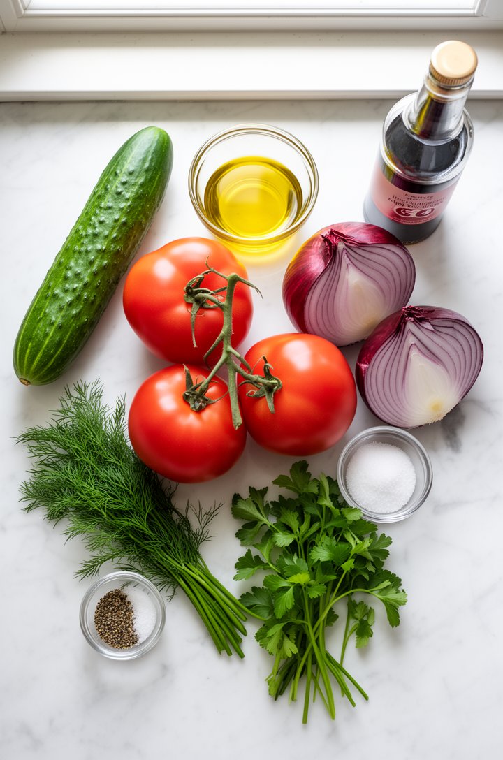 Overhead flat-lay of salad ingredients arranged on a white marble countertop before assembly: a whole English cucumber, three large red ripe tomatoes on the vine, half a purple-red onion, a small glas