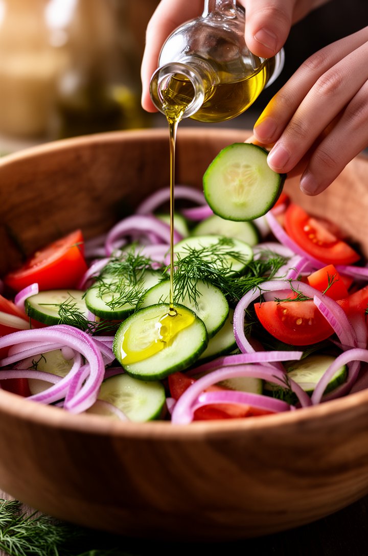 Close-up 45-degree angle of hands tossing sliced cucumber half-moons, red tomato wedges, and thin purple-red onion rings together in a large wooden bowl, olive oil drizzle caught mid-pour from a small