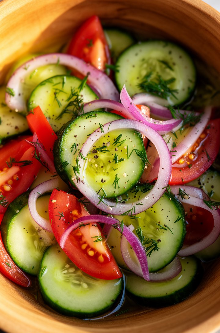 Extreme close-up overhead macro shot of the finished cucumber tomato salad in a natural wooden bowl, filling the entire frame, showing glistening olive oil vinaigrette on bright green cucumber rounds 