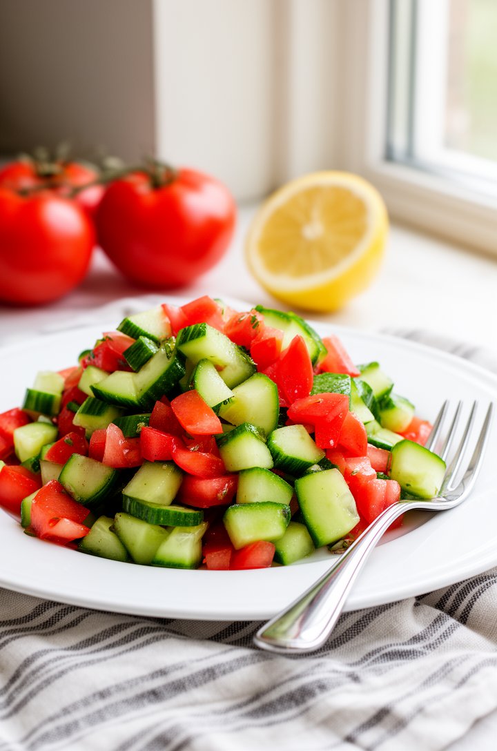 Side angle shot of a generous serving of cucumber tomato salad on a white plate, bright red and green colors popping against the white, a silver fork resting on the edge, a striped linen napkin undern