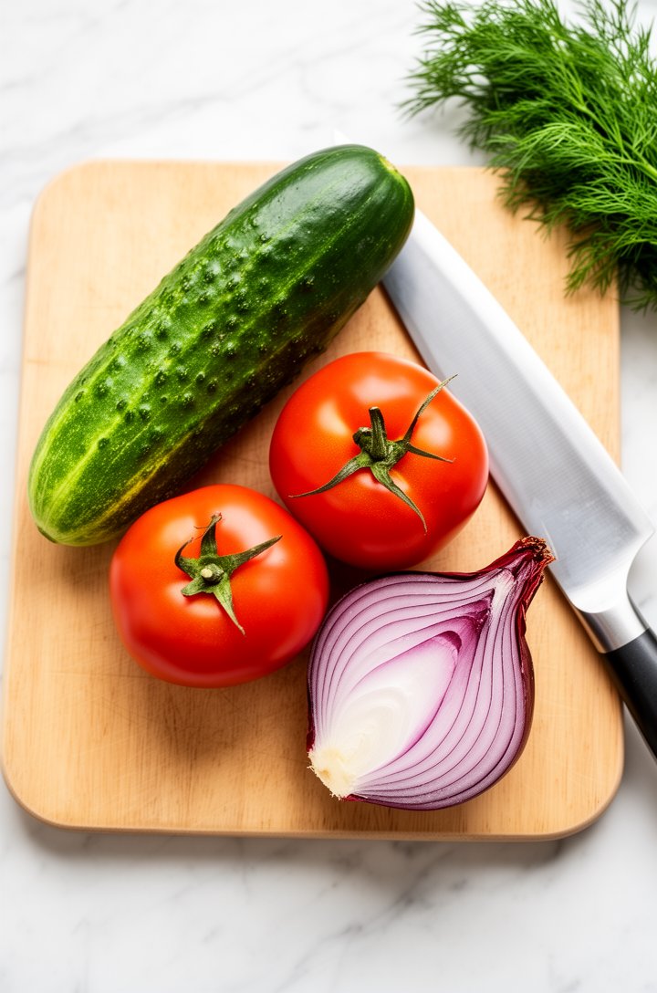 Overhead flat-lay of a whole English cucumber, three ripe red vine tomatoes, and half a red onion arranged on a light wooden cutting board, a sharp chef's knife resting beside them, bright even natural lighting from above, clean white marble surface beneath the board, fresh dill sprigs in the corner