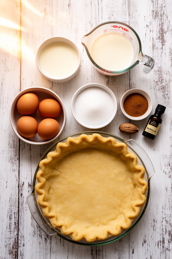 Overhead flat-lay of custard pie ingredients arranged on a rustic white-washed wooden surface — four brown eggs in a small ceramic bowl, a glass measuring cup of cream, a smaller one of whole milk, a 