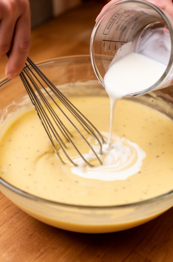 Close-up 45-degree angle shot of a hand whisking pale golden custard mixture in a large glass mixing bowl, eggs and sugar fully incorporated into a smooth liquid with tiny vanilla specks visible, heav