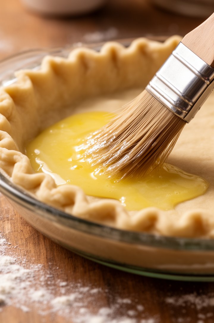 Extreme close-up macro shot of a pastry brush painting beaten egg white onto an unbaked pie crust in a glass pie plate, the egg white glistening wet on the raw dough, showing the crimped edges of the 