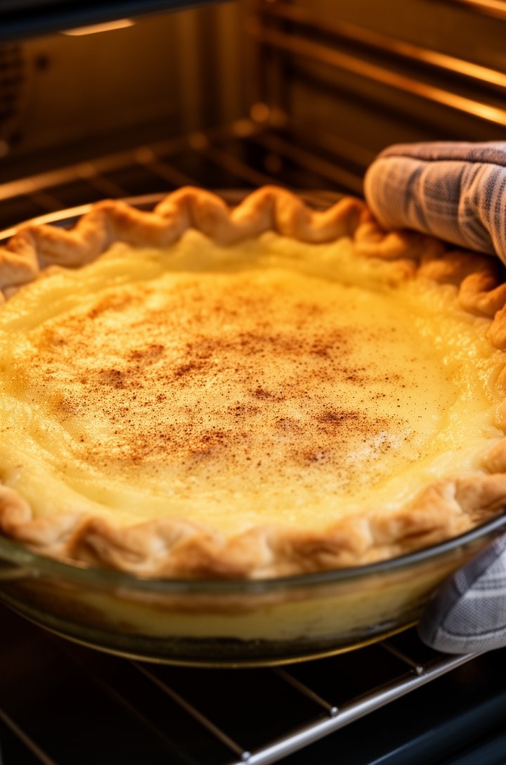 Side-angle close-up of the custard pie in a glass pie plate just pulled from the oven, the surface showing a delicate golden color with nutmeg speckled across the top, edges set and slightly puffed wi