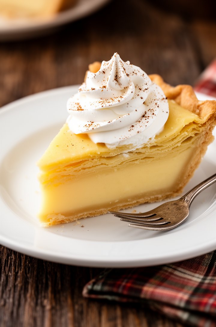 Extreme close-up macro shot of a single triangular slice of custard pie on a white ceramic dessert plate, the cut revealing the smooth pale yellow custard interior contrasting with the flaky golden cr