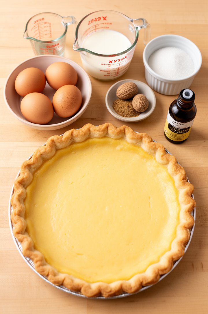 Overhead flat-lay of all custard pie ingredients neatly arranged on a light wooden surface — four eggs in a small bowl, measuring cups of cream and milk, sugar in a ramekin, whole nutmeg and ground nutmeg in a tiny dish, vanilla extract bottle, and an empty unbaked pie crust in a pie plate. Bright natural lighting, clean composition, all items clearly visible and identifiable, professional food blog styling