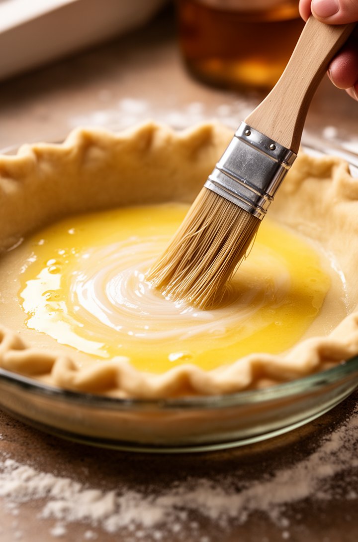 Close-up side angle of a pastry brush applying beaten egg white to the inside surface of an unbaked pie crust sitting in a glass pie plate, the egg wash creating a wet glossy sheen on the raw pastry dough, crimped crust edges visible, flour-dusted countertop, warm kitchen lighting from the side