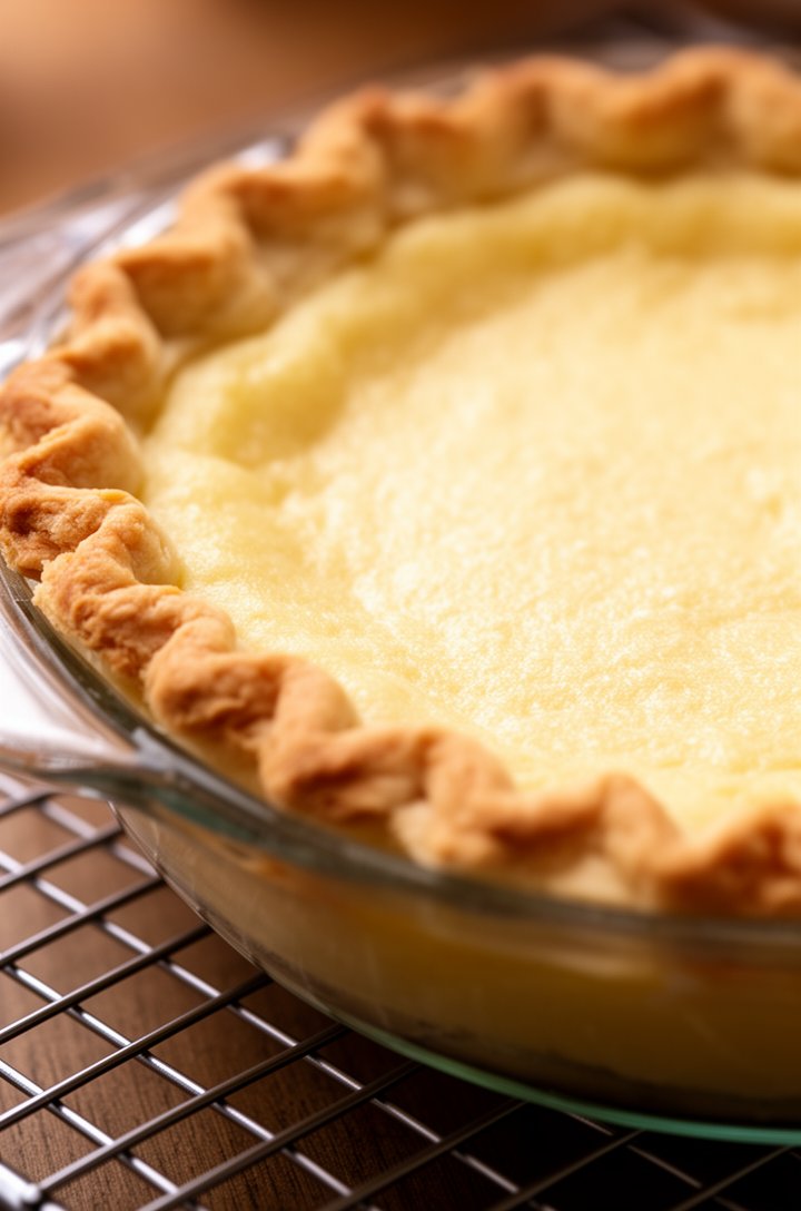 45-degree angle shot of the pre-baked pie crust fresh from the oven, showing a lightly golden and dry surface where the egg white has set into a subtle seal, the crimped edges just starting to turn light brown, glass pie plate on a wire cooling rack, warm tones, shallow depth of field