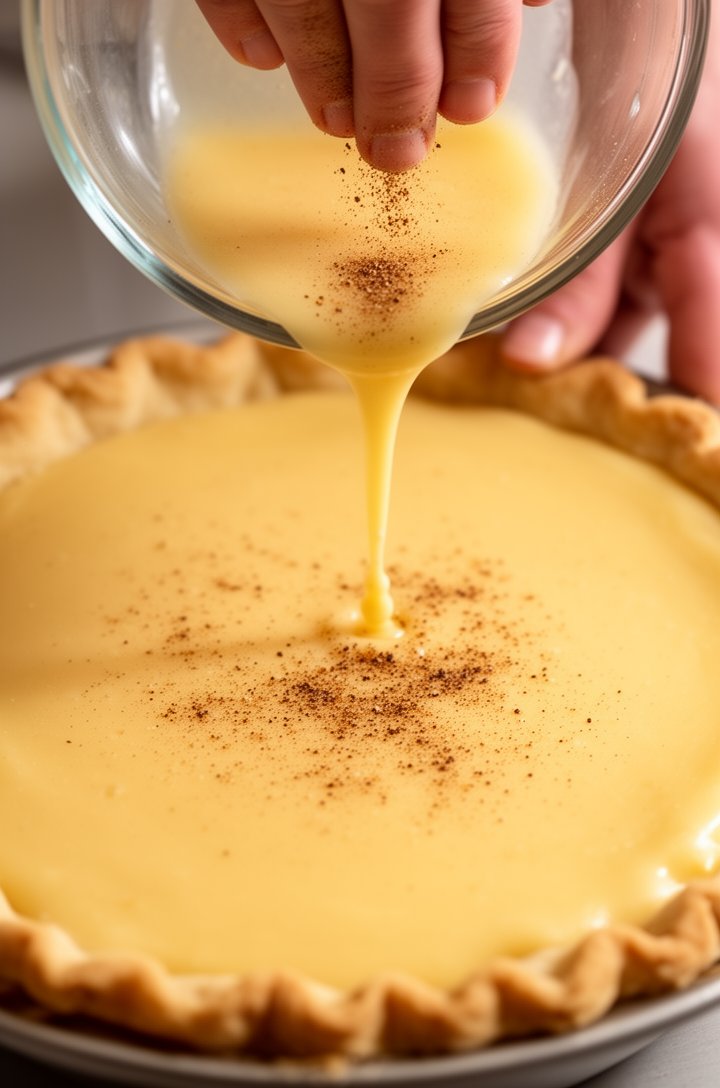 Overhead close-up of the custard mixture being poured from a glass bowl into the pre-baked pie crust, the pale golden liquid filling the shell, a hand steadying the pie plate, ground nutmeg being sprinkled from fingertips across the surface creating tiny brown speckles, warm natural light, clean kitchen background
