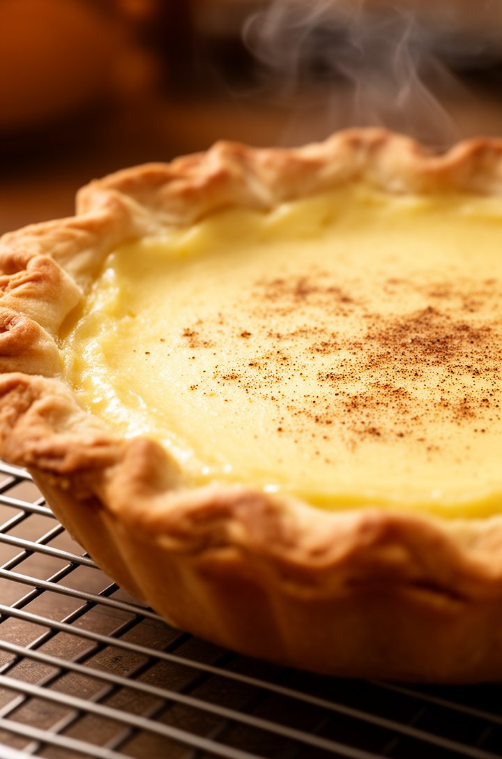 Close-up side angle of the whole baked custard pie cooling on a wire rack, showing the golden-brown crust edges and the smooth set custard surface with nutmeg dusting, slightly puffed edges with a still-jiggly center, warm amber kitchen lighting, steam barely visible rising from the surface