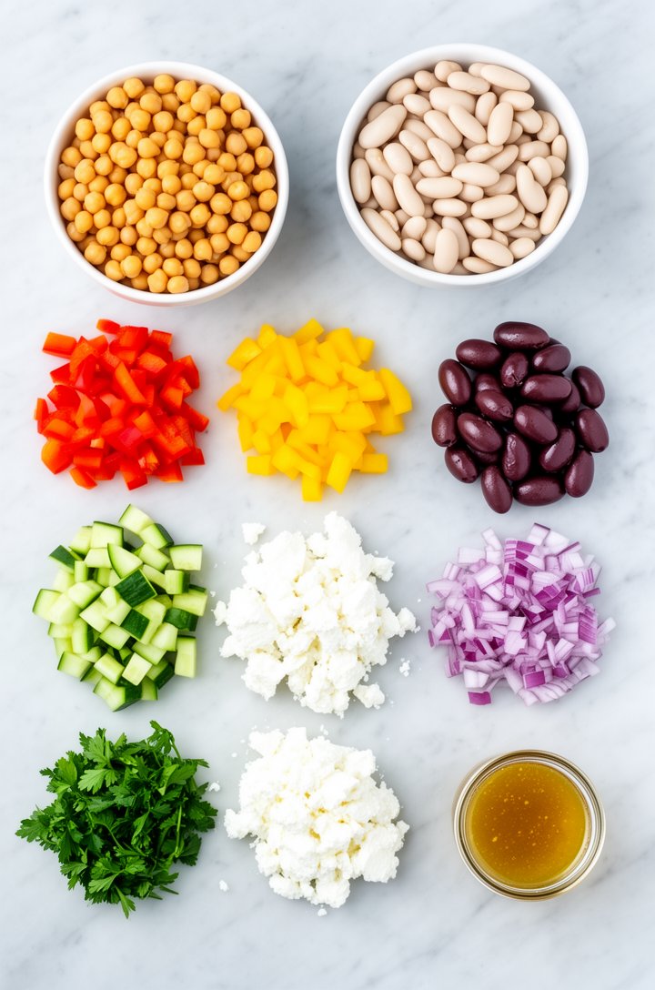 Overhead flat-lay of dense bean salad ingredients arranged in neat groups on a light marble surface — a bowl of golden chickpeas, a bowl of white cannellini beans, small piles of finely diced red and 