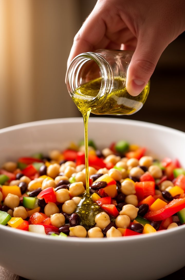 Close-up action shot of a hand pouring golden olive oil vinaigrette from a small glass jar over a large white bowl filled with colorful diced vegetables and beans, the dressing catching the light as i