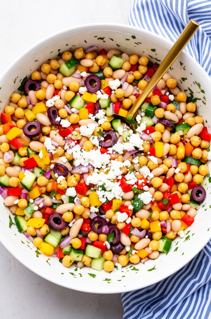Straight-overhead shot of the finished dense bean salad in a large white ceramic bowl with a gold serving spoon resting in it, densely packed with golden chickpeas, white cannellini beans, bright red 