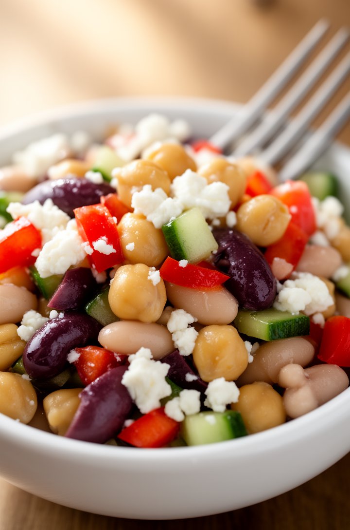Close-up 45-degree angle shot of a single serving of dense bean salad in a small white bowl, showing the dense mosaic of colorful ingredients — individual chickpeas and white beans clearly visible amo