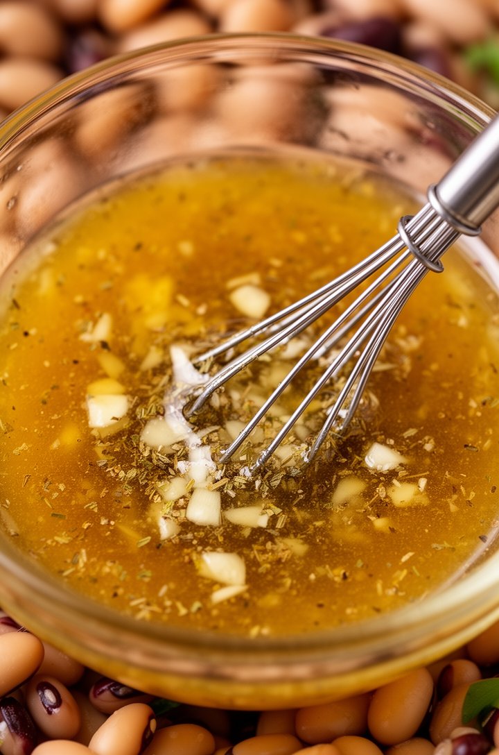 Small glass bowl with golden-amber vinaigrette being whisked with a small wire whisk, showing the emulsified texture with visible minced garlic and dried oregano flecks suspended in the dressing, shot from above at a slight angle, warm lighting