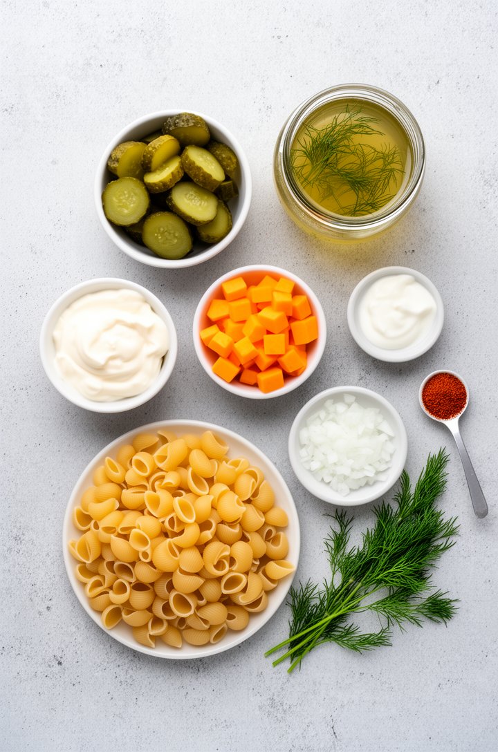 Overhead flat-lay of recipe ingredients arranged on a light grey concrete surface: a small white bowl of sliced green dill pickle rounds, a bowl of small orange cheddar cheese cubes, a ramekin of crea