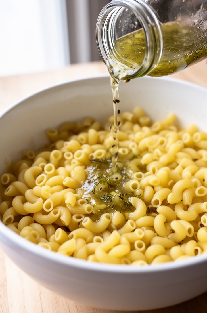 Close-up 45-degree angle shot of cooked medium shell pasta in a large white mixing bowl with pickle juice being poured over it from a glass jar, the pale yellow pasta glistening with the brine, a few 