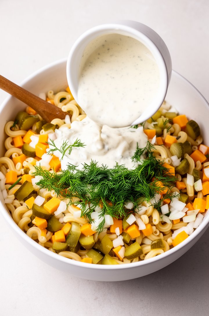 Overhead shot of the creamy dressing being poured from a small white bowl over the pasta salad mixture in a large white serving bowl, visible chunks of green pickles, orange cheddar cubes, and minced 