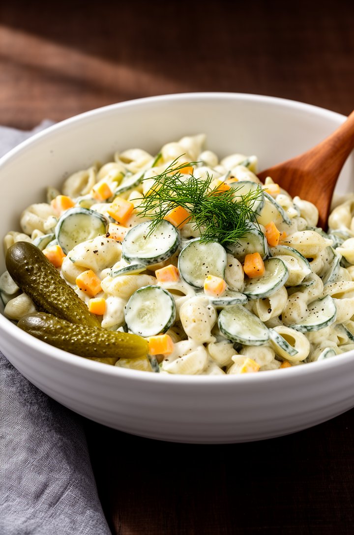 45-degree angle close-up of the finished dill pickle pasta salad served in a wide white ceramic bowl, creamy dressing coating every shell, visible round pickle slices with green edges and pale centers