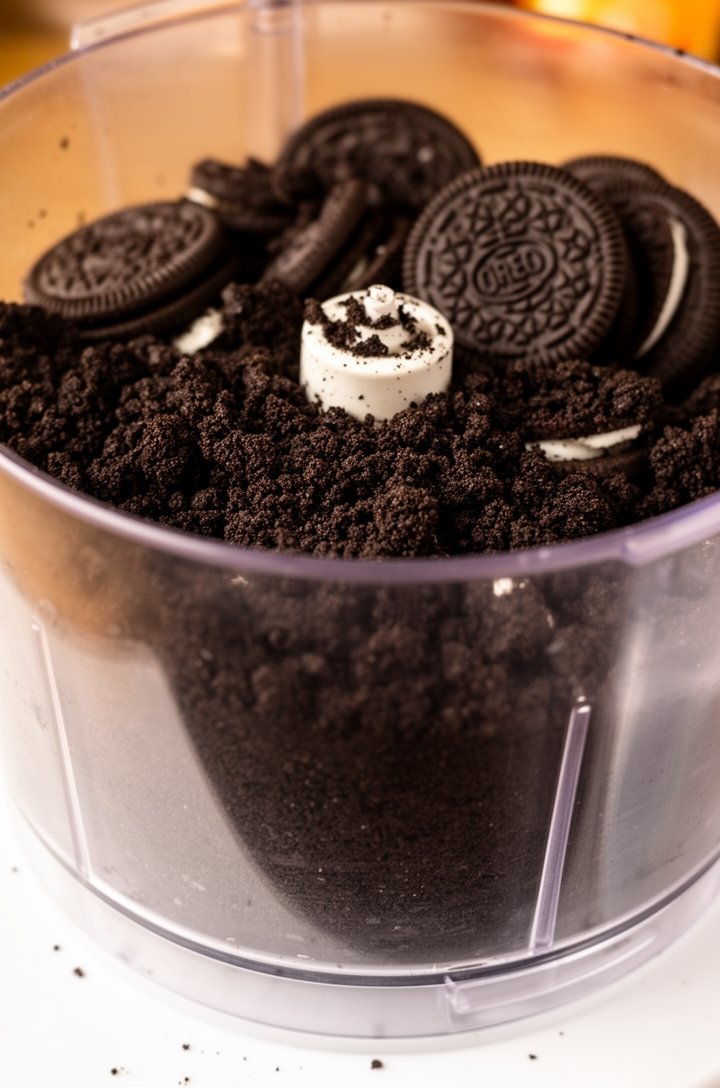 Close-up action shot of Oreo cookies being crushed in a food processor, dark cookie crumbs visible through the clear processor bowl, some whole cookies and broken pieces still visible at the top waiti