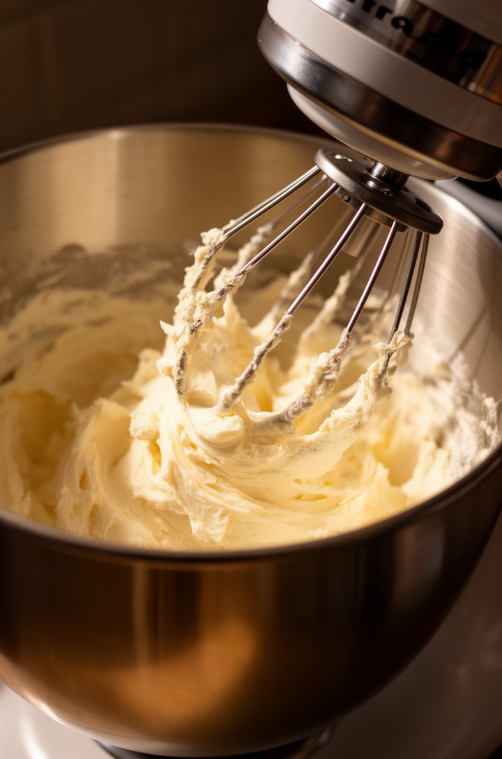 Side-angle shot of an electric stand mixer bowl containing pale creamy mixture of beaten cream cheese, butter, and powdered sugar, whisk attachment visible with smooth batter clinging to it, warm side