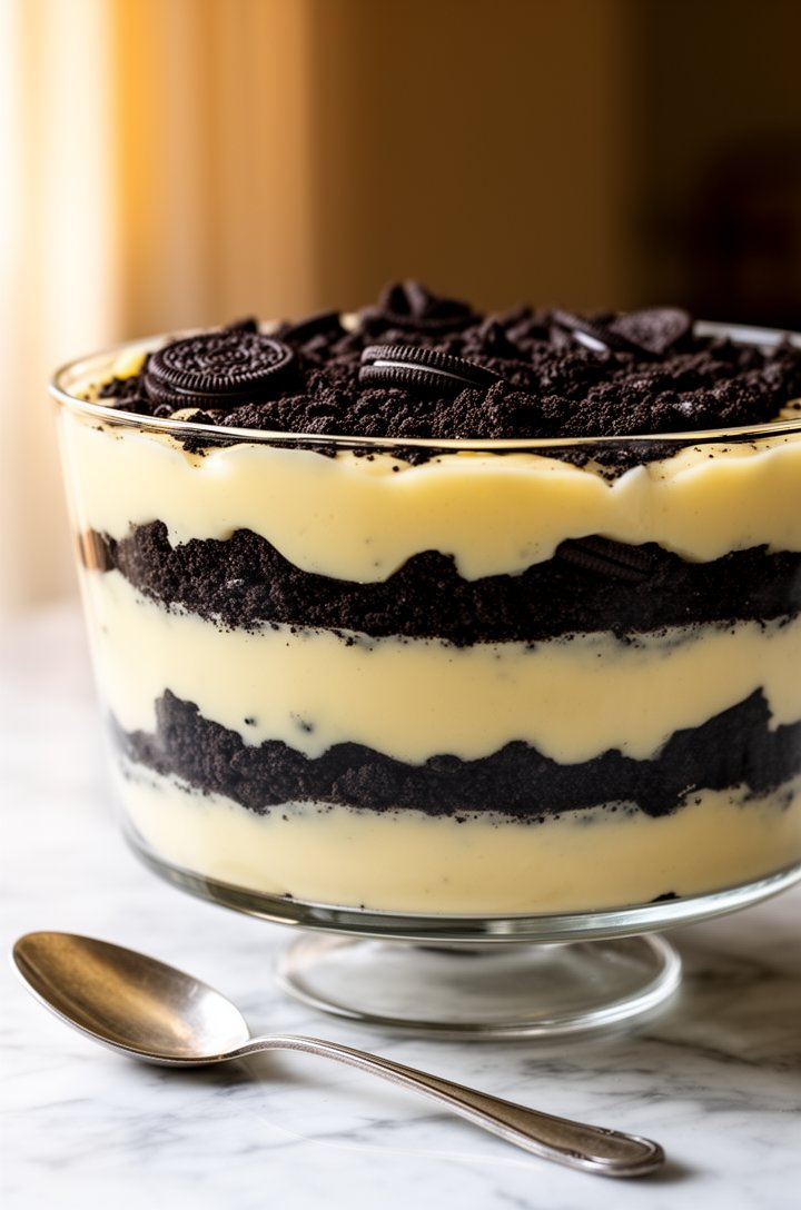 Straight-on shot through a clear glass trifle bowl showing three distinct alternating layers of dark crushed Oreo crumbs and pale creamy vanilla pudding filling, the layers crisp and well-defined agai