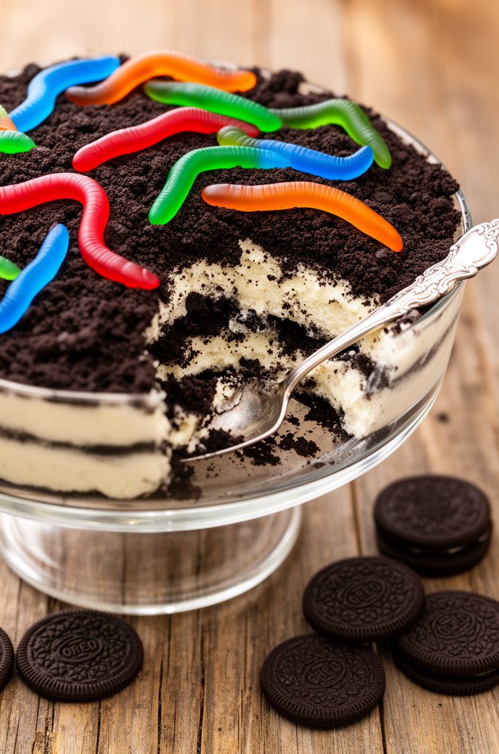 45-degree angle close-up of the finished dirt cake in a glass trifle bowl, top layer of dark crushed Oreo crumbs with colorful gummy worms (red, blue, green, orange) draped artfully across the surface