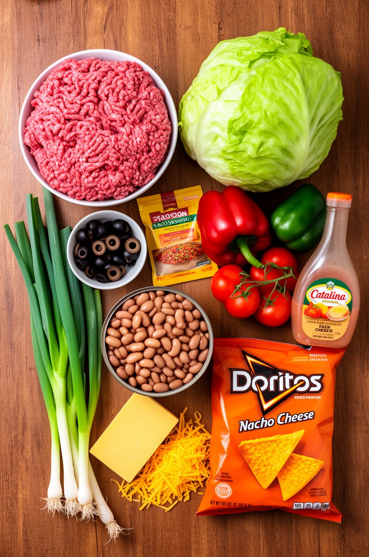 Overhead flat-lay of all dorito taco salad ingredients arranged on a warm brown wooden surface — a bowl of raw ground beef, a packet of taco seasoning, a head of iceberg lettuce, red and green bell pe