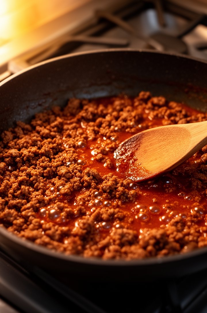 Close-up 45-degree angle shot of seasoned taco ground beef simmering in a dark non-stick skillet, the meat broken into small crumbles coated in a rich reddish-brown taco sauce, small bubbles visible i