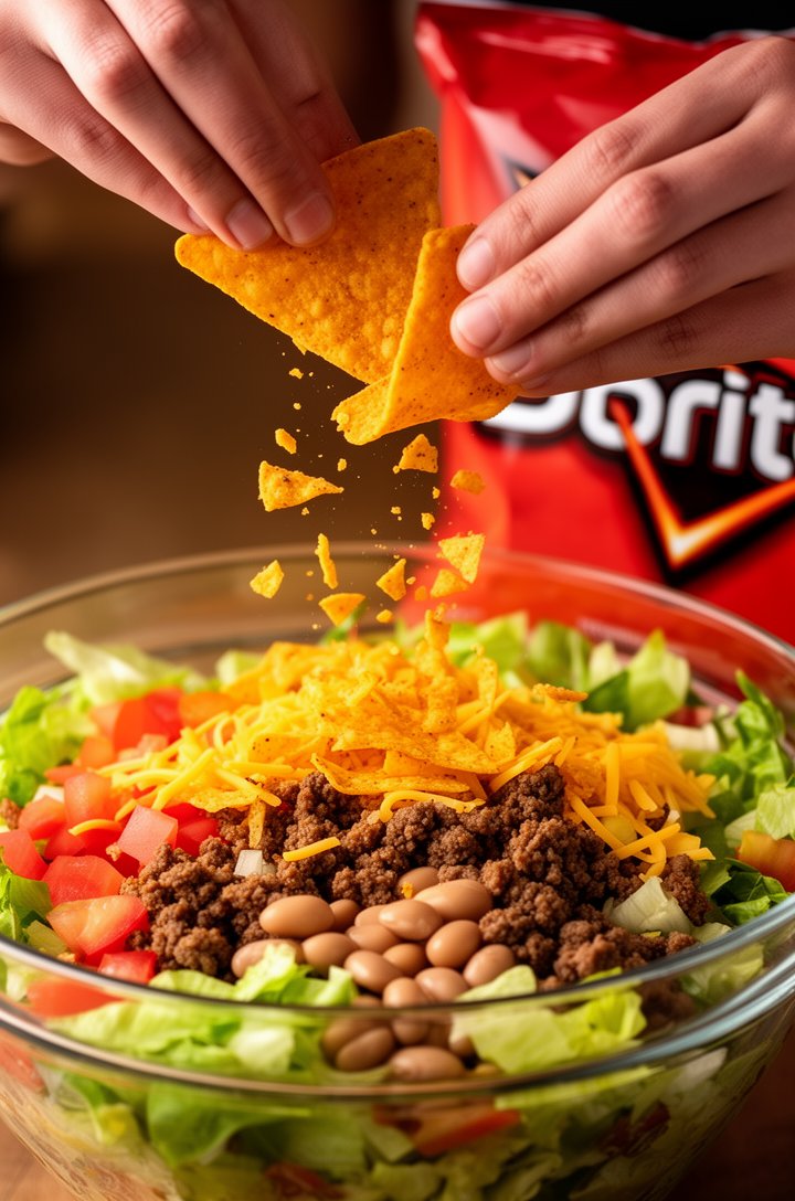 Side-angle close-up of hands lightly crushing golden-orange Nacho Cheese Doritos over a large glass bowl filled with colorful taco salad — chopped green lettuce, red tomatoes, brown seasoned beef, yel