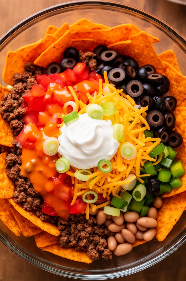 Extreme close-up overhead shot looking directly down into a large clear glass serving bowl of fully assembled Dorito taco salad — the frame filled with vibrant layers of crushed orange Doritos, season