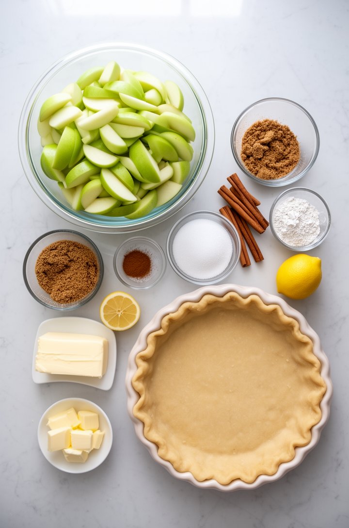 Overhead flat-lay of Dutch apple pie ingredients arranged on a light marble countertop — a mound of peeled and sliced green Granny Smith apples in a large glass bowl, small prep bowls of brown sugar, 