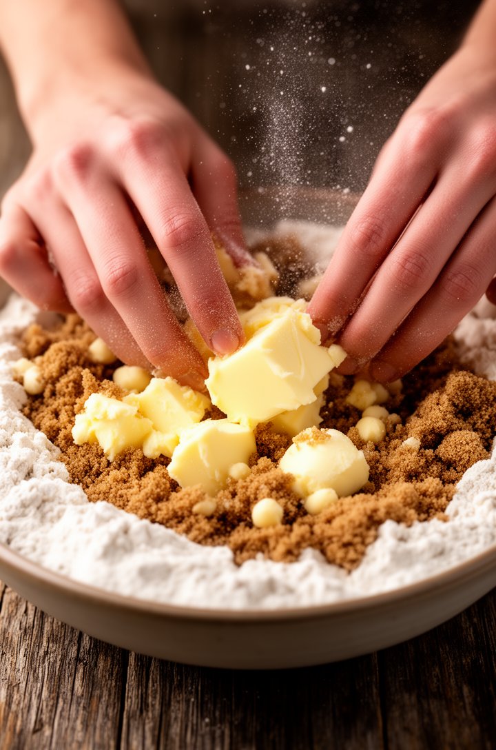 Close-up 45-degree angle shot of hands using fingertips to work cold butter cubes into a bowl of flour, brown sugar, and cinnamon mixture, showing the crumbly texture with pea-sized butter pieces and 