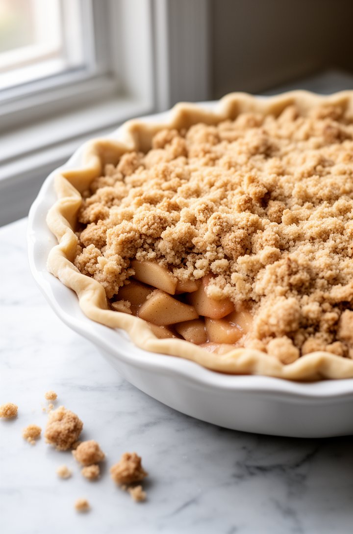 Side-angle shot of an assembled unbaked Dutch apple pie in a white ceramic pie dish, showing the crumb streusel topping generously covering the mounded apple filling beneath, edges of flaky pie crust 