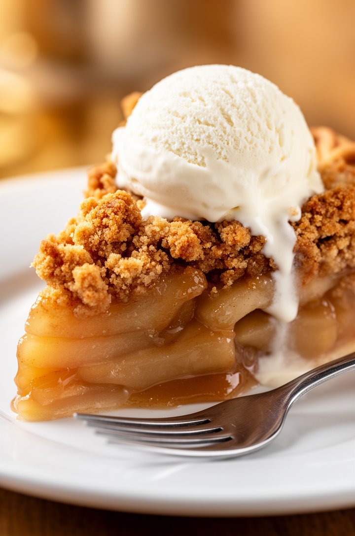 Extreme close-up of a single slice of Dutch apple pie on a white plate, viewed from a low 30-degree angle. The crumb topping is deep golden brown with visible chunky clusters. Beneath the streusel, la