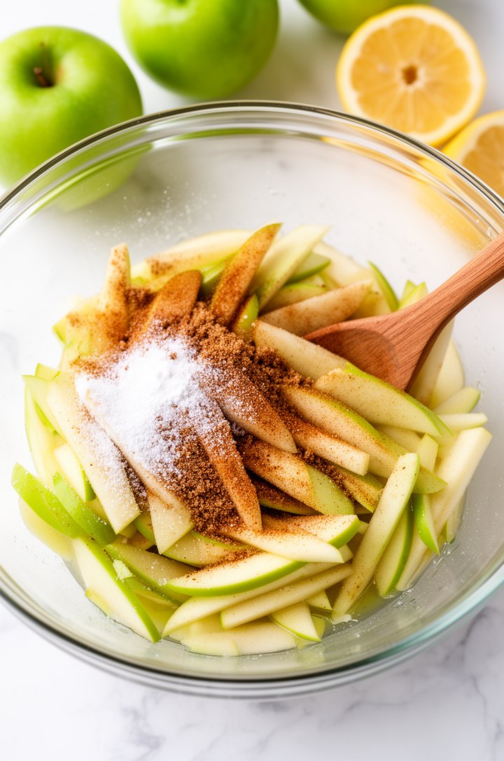 Overhead shot of thinly sliced Granny Smith apple pieces being tossed in a large glass mixing bowl with granulated sugar, brown sugar, flour, and cinnamon — the slices glistening with lemon juice and dusted with spice. A wooden spoon rests in the bowl. Bright natural overhead lighting, white marble countertop, a few whole green apples and a halved lemon in the background.