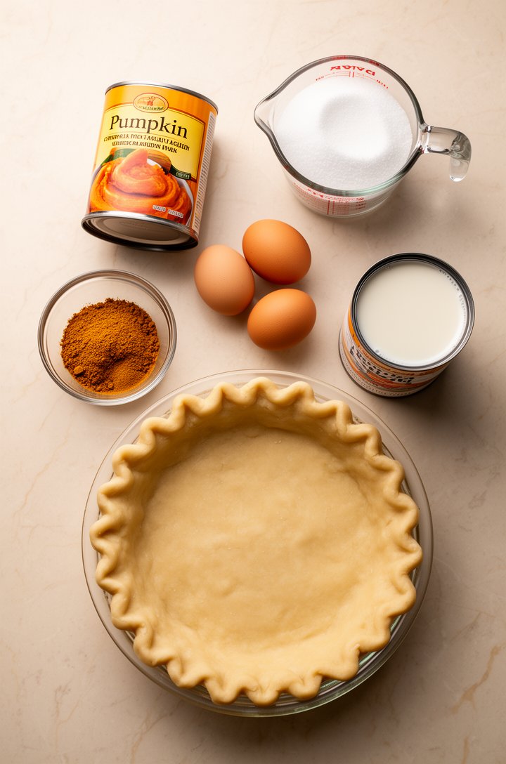 Overhead flat-lay of pumpkin pie ingredients arranged on a light marble countertop — a can of pumpkin puree with the label visible, a small glass bowl of golden-brown spice mixture, two whole brown eg