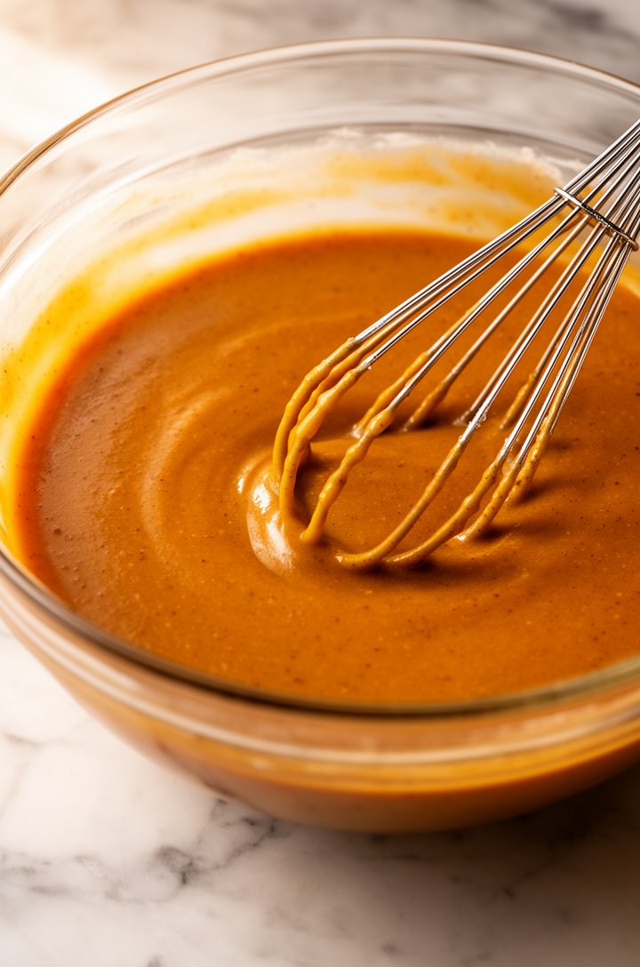 Close-up 45-degree angle shot of smooth pumpkin pie filling being whisked in a large glass mixing bowl, the warm orange-amber mixture showing a uniform silky consistency with tiny spice flecks through