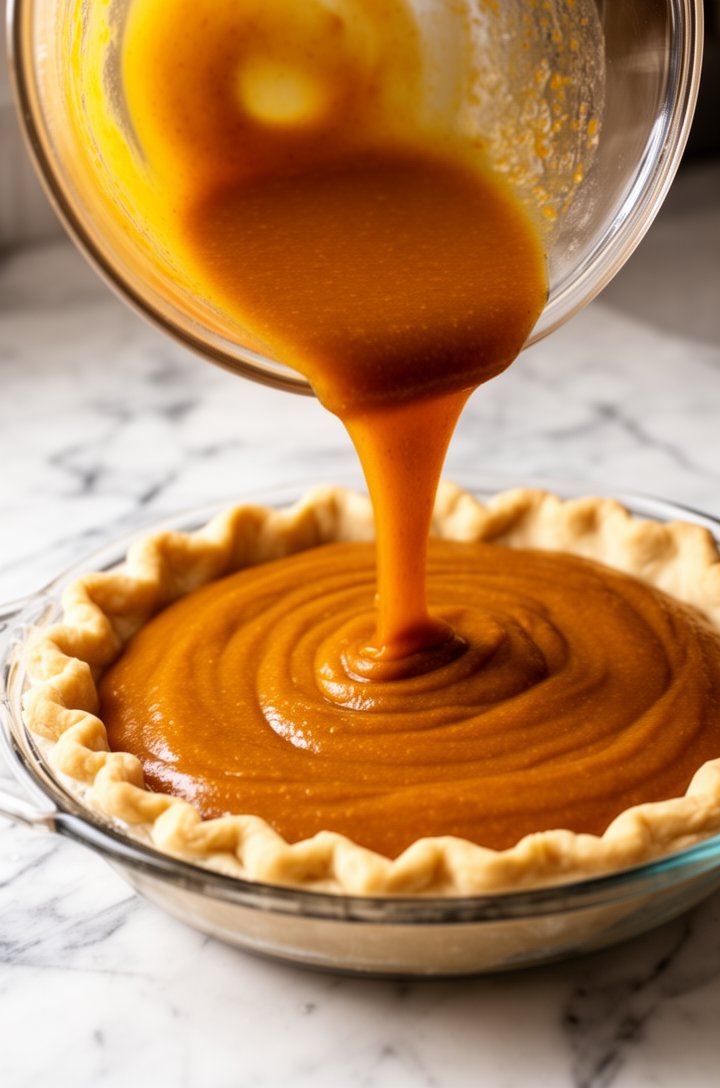 Side-angle shot of amber pumpkin pie filling being poured from a glass mixing bowl into an unbaked pie crust in a clear glass pie dish, the smooth filling flowing in a thick ribbon, the crimped golden