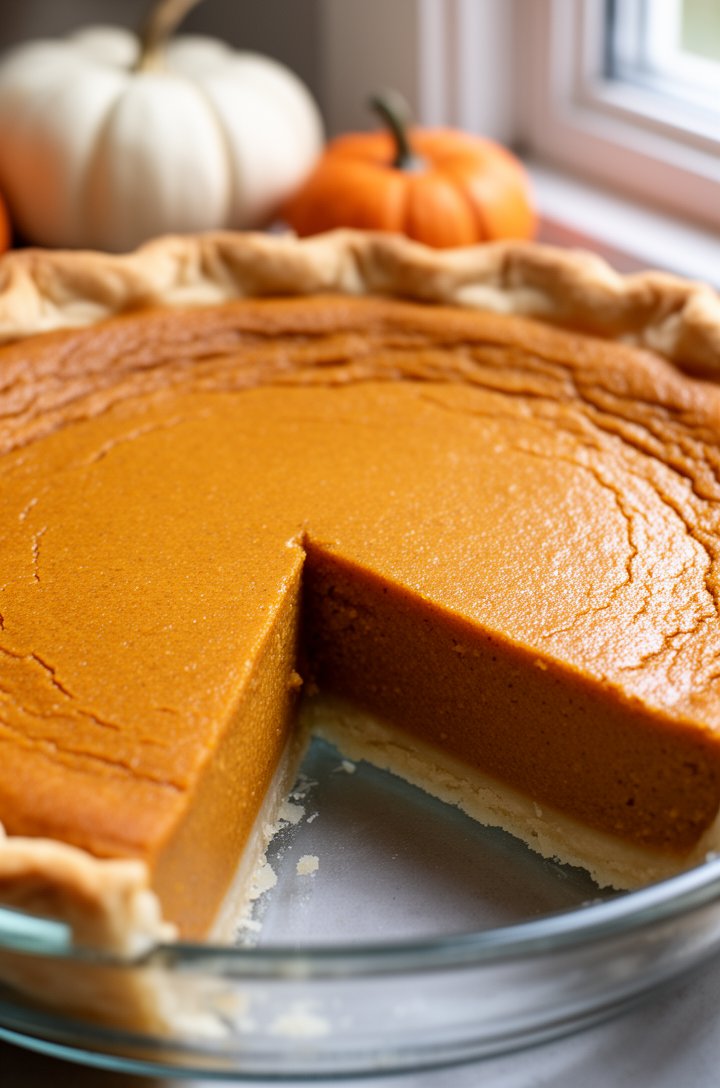 Extreme close-up macro shot of a whole pumpkin pie in a glass pie dish with one slice cleanly cut and partially pulled away, showing the smooth silky amber-orange filling cross-section and the golden-