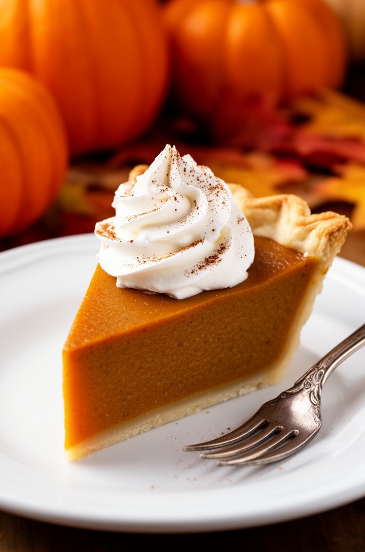 Close-up 45-degree angle shot of a perfect triangular slice of pumpkin pie on a white ceramic dessert plate, the silky smooth filling showing a rich deep amber-orange color with a clean knife-cut edge