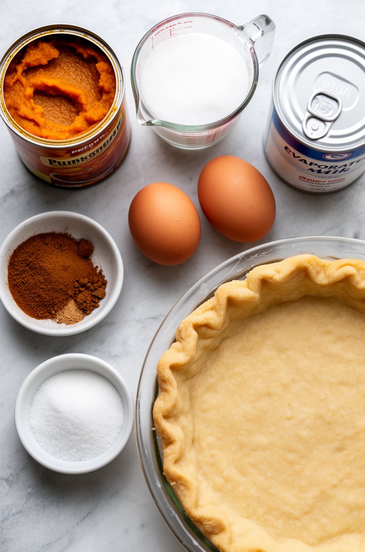Overhead flat-lay of all pumpkin pie ingredients arranged on a light gray marble surface — an opened can of pumpkin puree showing the bright orange contents, a small pinch bowl of ground cinnamon and spices, two brown eggs, a glass measuring cup with white sugar, a can of evaporated milk, and an unbaked pie crust fitted into a glass pie dish, bright natural window lighting from above, clean organized composition with small gaps between each ingredient