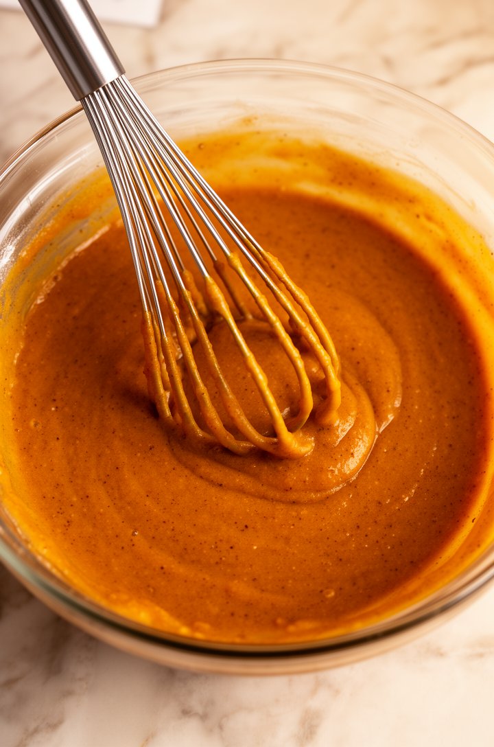 Close-up top-down shot of a silver whisk in a large glass bowl filled with smooth pumpkin pie filling mixture, the warm amber-orange batter with visible tiny cinnamon spice flecks evenly distributed, the whisk coated with a thin layer of filling showing its silky texture, warm kitchen lighting, light marble counter background