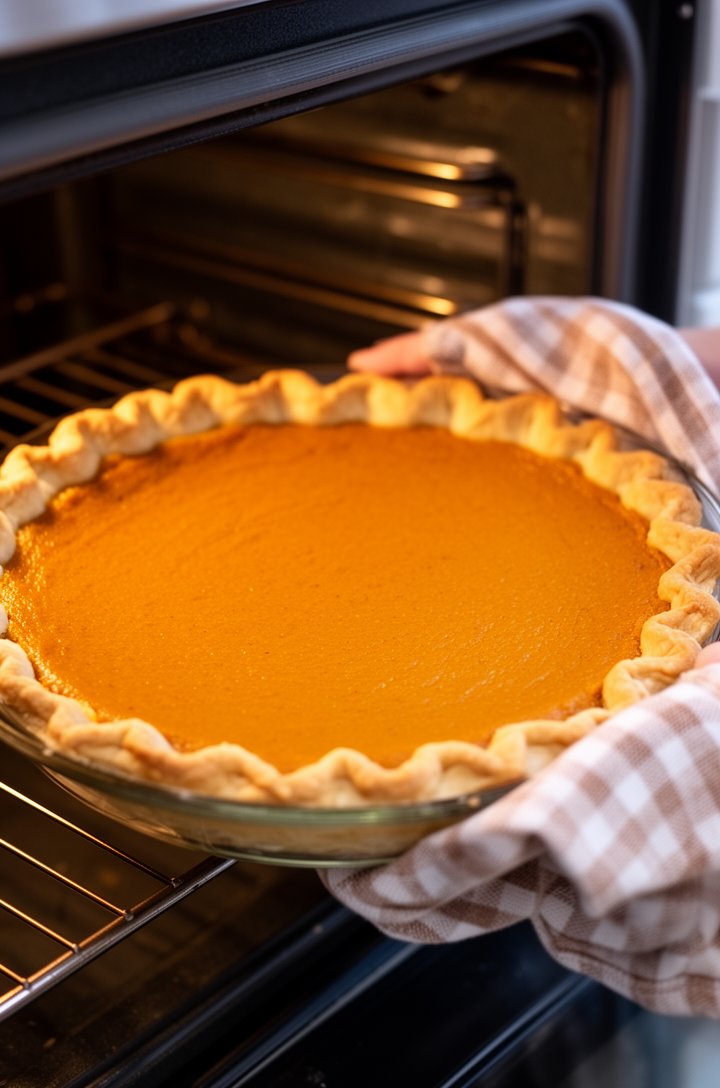 Side-angle view of a filled unbaked pumpkin pie in a glass pie dish being placed into an oven, the smooth orange filling level with the hand-crimped golden pie crust edges, the oven rack and interior visible, warm ambient lighting, hands wearing a checkered kitchen towel holding the dish
