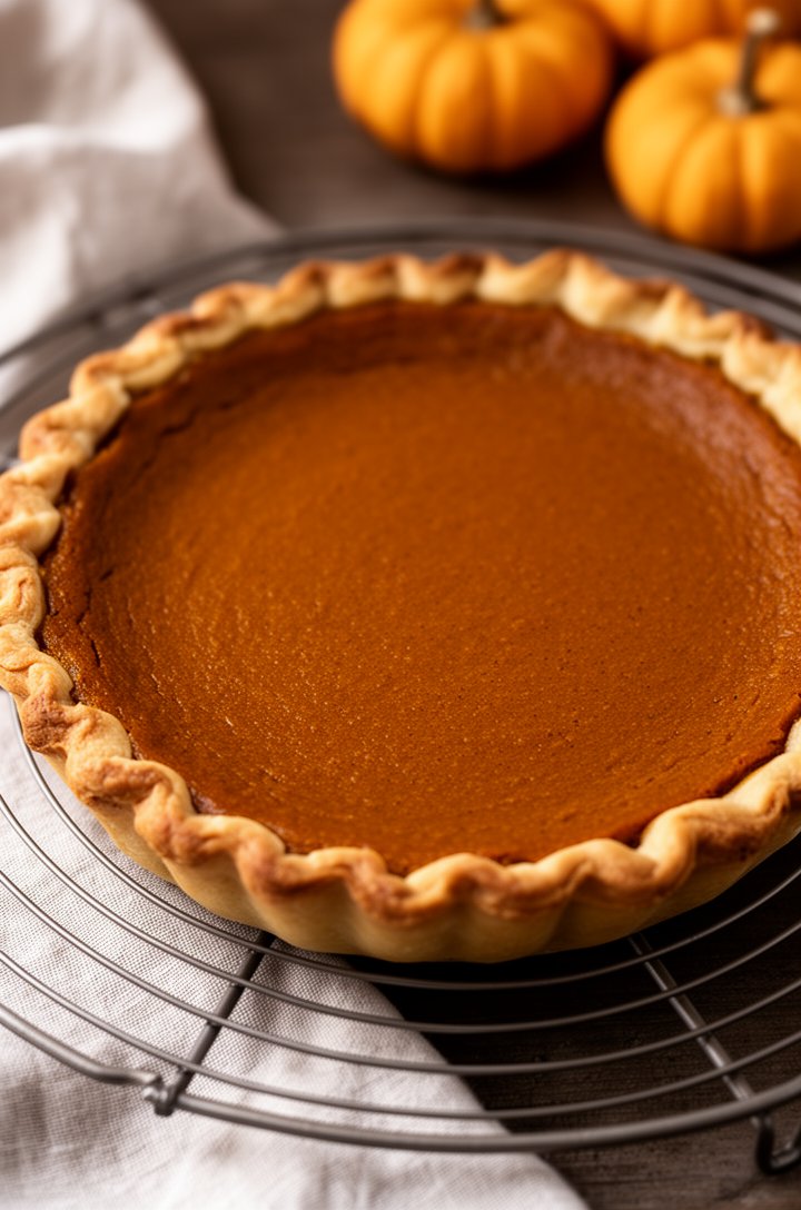 45-degree overhead shot of a whole freshly baked pumpkin pie cooling on a round wire rack, the filling surface showing a deep rich amber-brown color with a slight matte finish, the golden-brown crust edges perfectly crimped and slightly darker than before baking, a light linen kitchen towel beside the rack, warm natural light, small pumpkins blurred in background