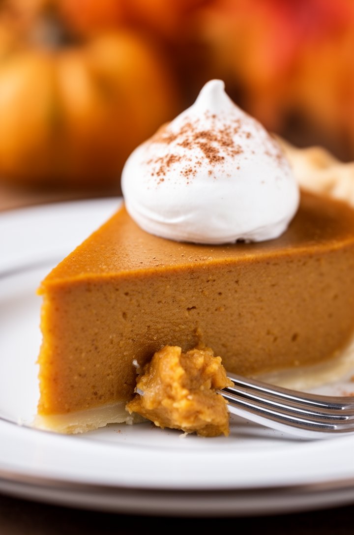 Extreme close-up side-angle shot of a single slice of pumpkin pie on a white rimmed dessert plate, showing the clean cross-section of smooth velvety filling from the thin golden crust at the bottom to the flat top surface, a perfectly rounded dollop of white whipped cream perched on the point of the slice with a fine dusting of cinnamon, a silver fork piercing through the tip of the slice revealing the creamy interior texture, shallow depth of field, warm autumn-toned bokeh background